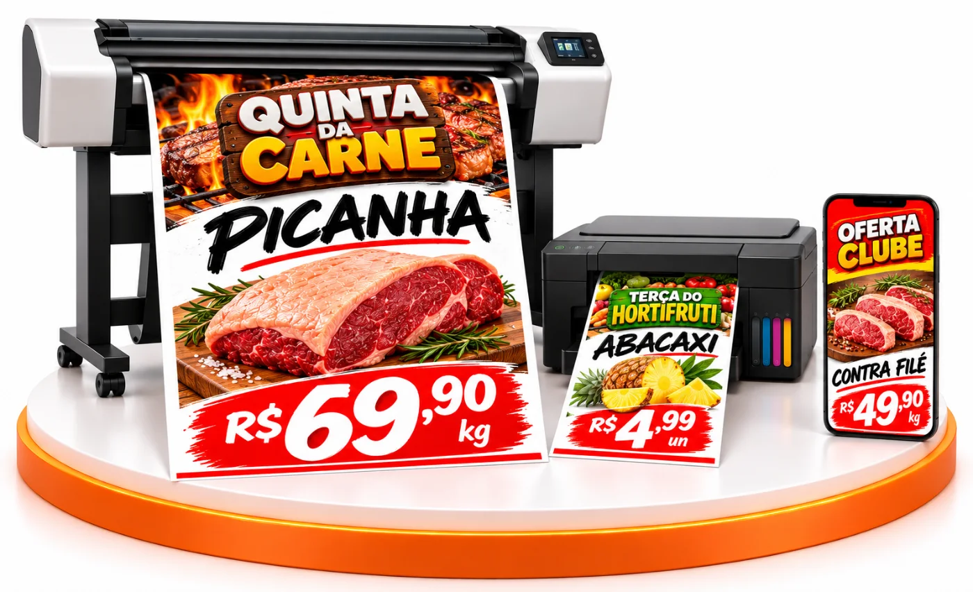 Plotter imprimindo cartaz A1 da Quinta da Carne, impressora com cartaz do hortifruti e celular com oferta do clube, num corredor de supermercado