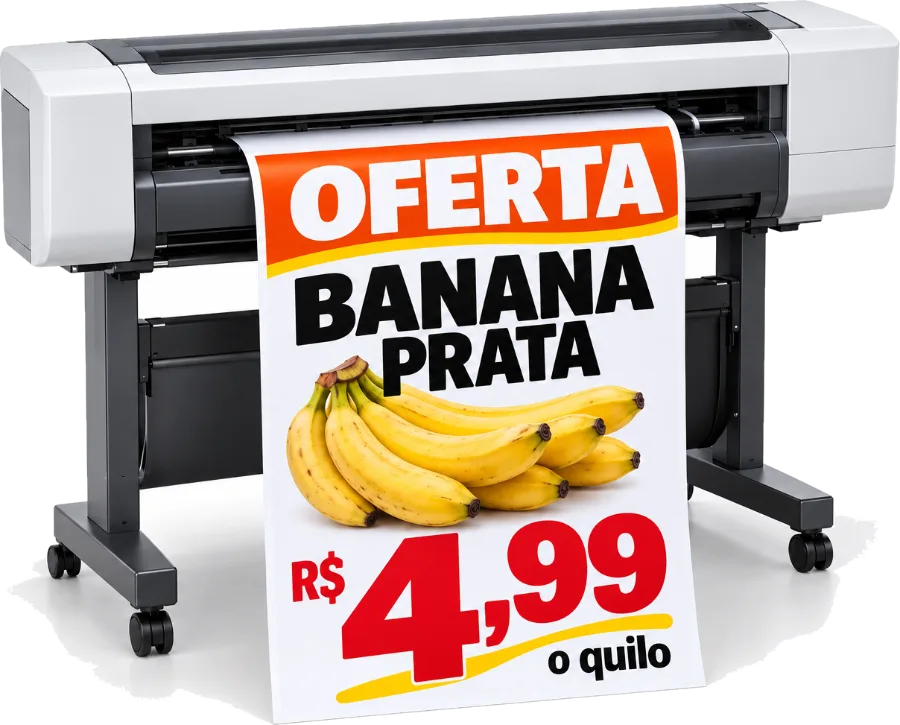 Impressora de grande formato imprimindo cartaz de oferta