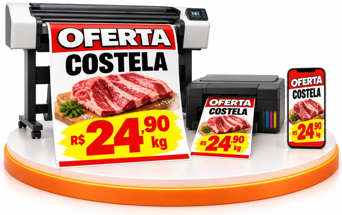 Plotter imprimindo cartaz A1 de oferta de costela, com a versão A4 e o Story no celular