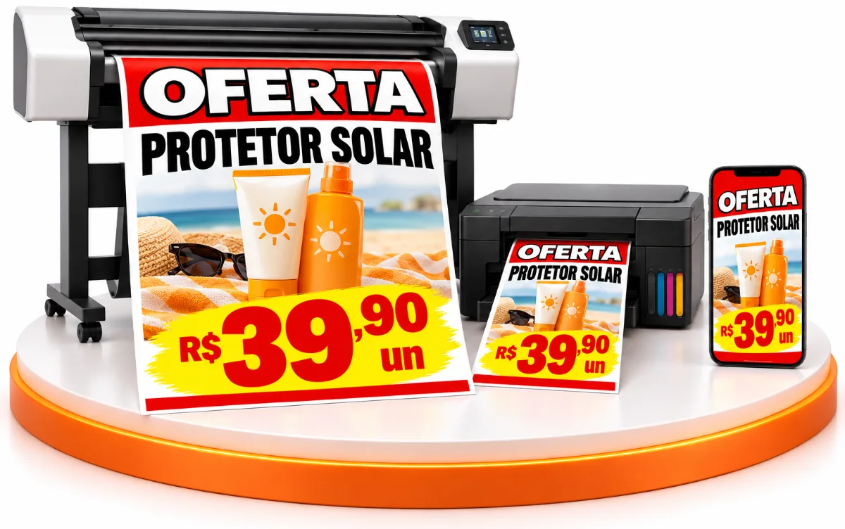 Plotter imprimindo cartaz A1 de oferta de protetor solar, com a versão A4 e o Story no celular