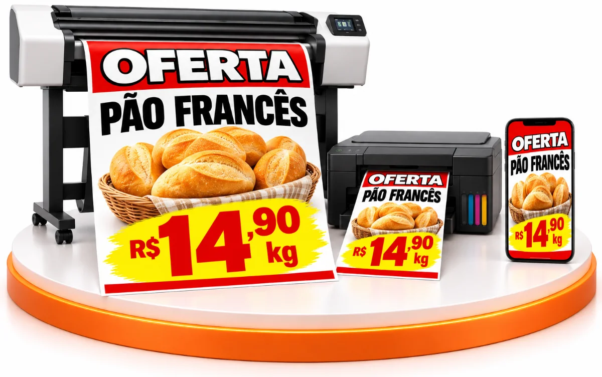 Plotter imprimindo cartaz A1 de oferta de pão francês, com a versão A4 e o Story no celular